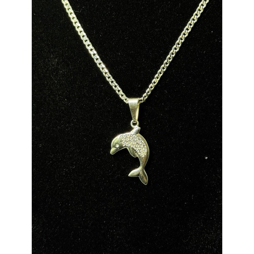 925 Sterling Silver Dolphin Pendant Necklace 20 Inch Curb Chain CZ Accents - Picture 2 of 4